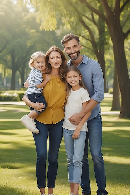 Portrait of happy caucasian family embracing in park created using generative ai technology