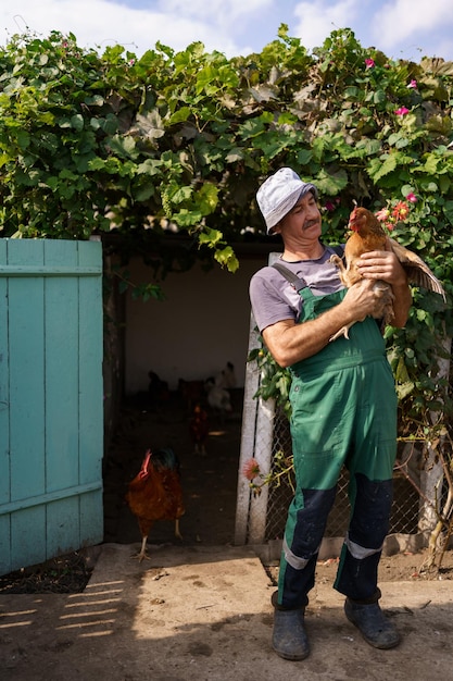 Portrait of happy caucasian farmer holding a brown hen outdoor Smiling mature man with chicken in hand with copy space