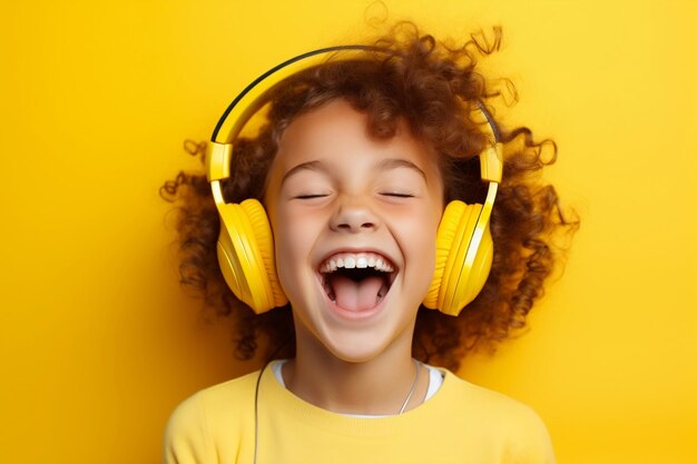 A portrait of a happy cheerful funny child in headphones Generative Ai