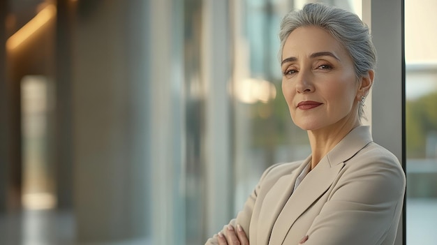 Portrait of Happy confident mature professional business woman standing at work in office arms cross