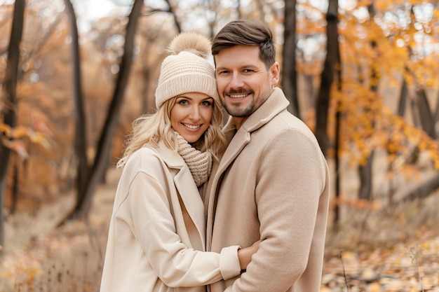 Photo portrait of happy couple in love in autumn park