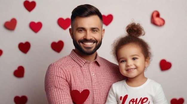 Portrait of happy dad with his toddler daughter posing against valentine's day vibes background