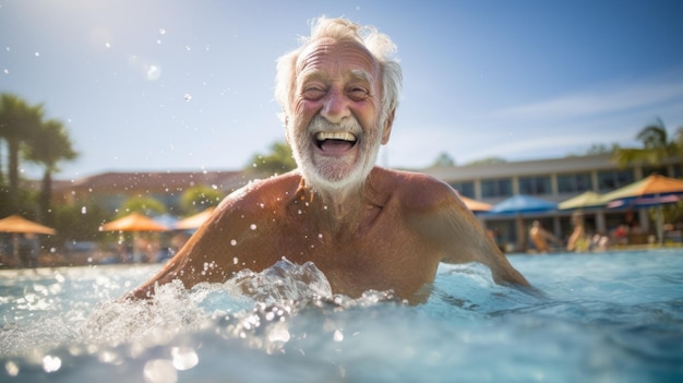 Portrait of a happy elderly grayhaired retired man in a hotel pool against a blue sky background Travel Vacations Lifestyle concepts