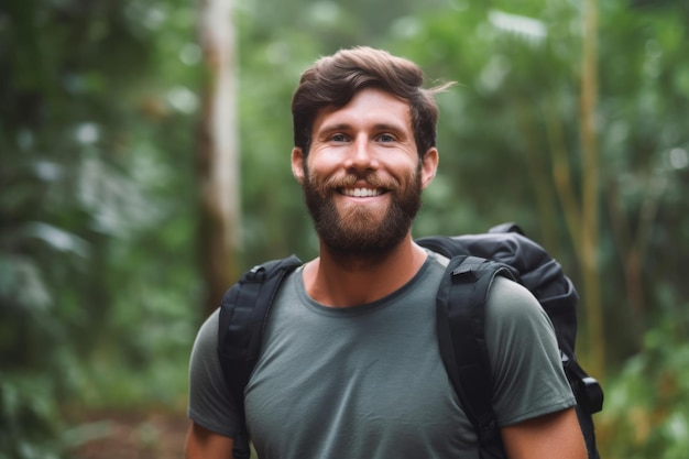 Photo portrait of happy face of a man in a forest in nature with trees trekking on jungle freedom adventur