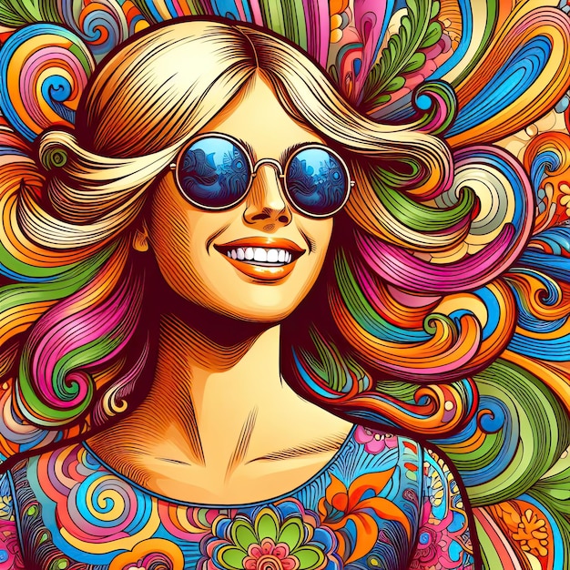 Portrait of a happy fairhaired woman in sunglasses Colourful psychedelic 1970s illustration