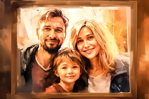 Portrait of a happy family in front of a picture frame