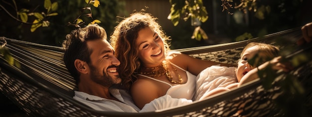 Portrait of happy family sitting in hammock