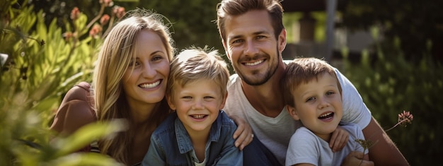 Portrait of happy family in their own backyard