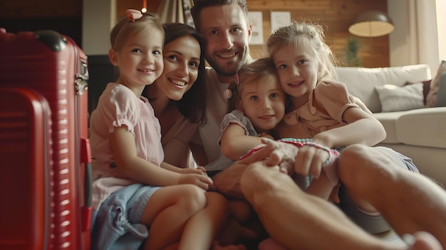 Portrait of happy family with daughters looking at camera ready to fly to tropical r Generative AI