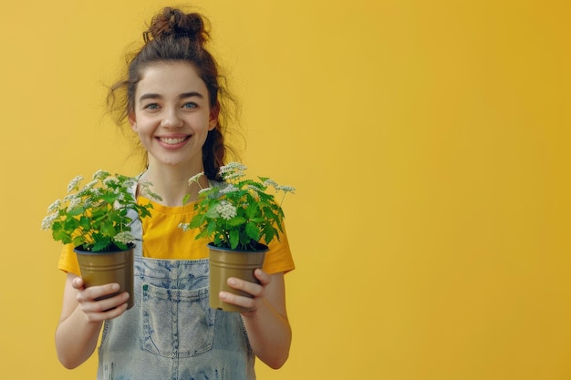 Photo portrait of a happy female gardener holding two potted plants