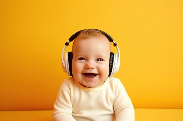 Portrait of happy funny child in headphones on a yellow background created with Generative AI