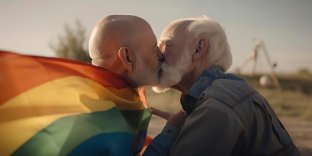 Portrait of happy gay old couple hugging and kissing on the street Lgbt and concept of love Generative AI