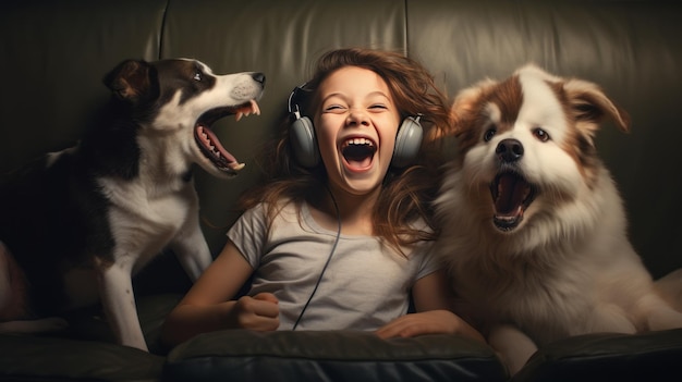 Portrait of happy girl playing with dogs ears playing with her puppy on sofa