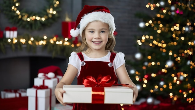 Portrait of happy girl in santa helper dress showing gift boxes