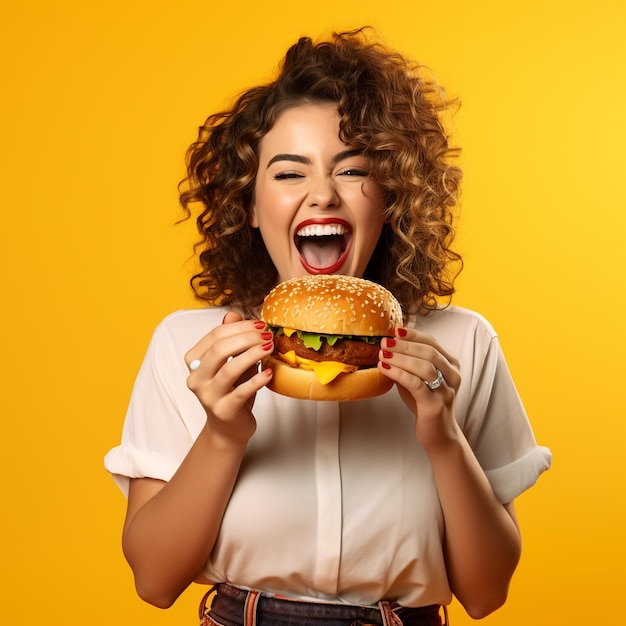 portrait of a happy girl with a appetizing burger