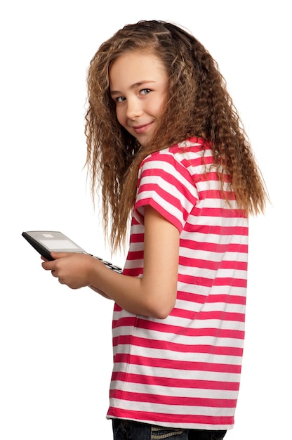 Portrait of happy girl with calculator isolated on white background