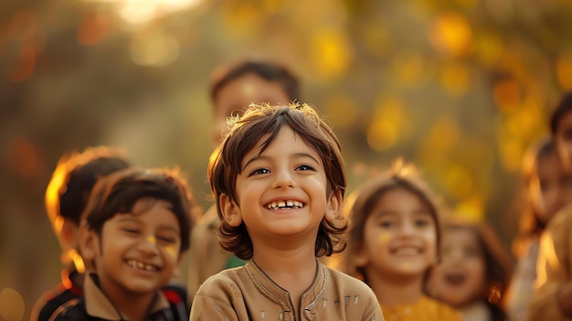 Portrait of a happy Indian boy smiling with his friends in the background