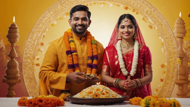 portrait of happy indian couple standing with puja or pooja thali doing gudi padwa or gudhi padwa