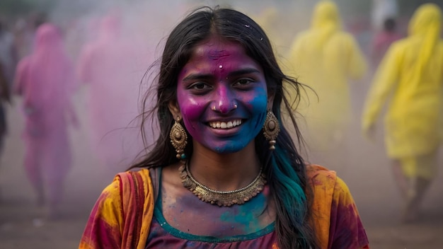 Portrait of happy indian girl in traditional hindu sari on holi colorHoli Festival Of Colours