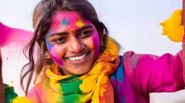 Portrait of happy indian girl in traditional hindu sari on holi colorHoli Festival Of Colours