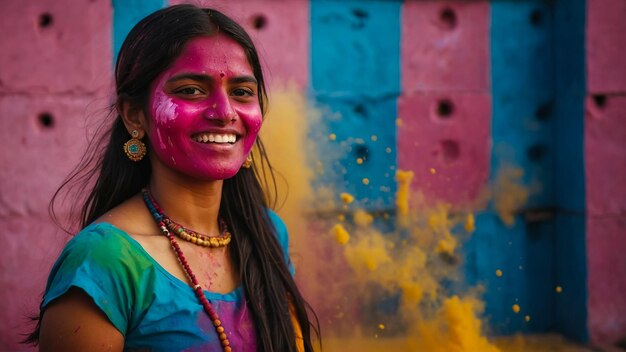 Portrait of happy indian girl in traditional hindu sari on holi colorHoli Festival Of Colours