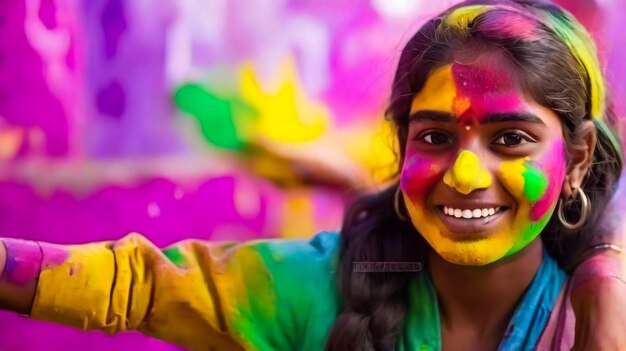 Portrait of happy indian girl in traditional hindu sari on holi colorHoli Festival Of Colours