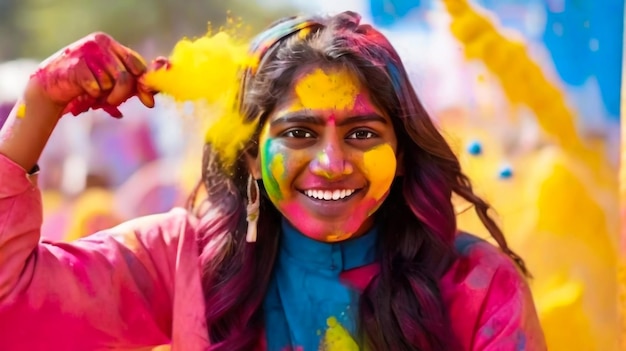 Portrait of happy indian girl in traditional hindu sari on holi colorHoli Festival Of Colours