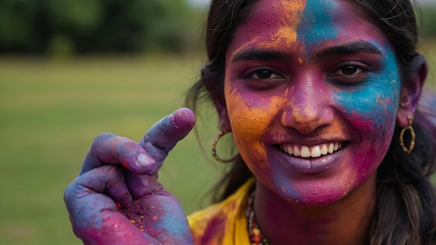 Portrait of happy indian girl in traditional hindu sari on holi colorHoli Festival Of Colours