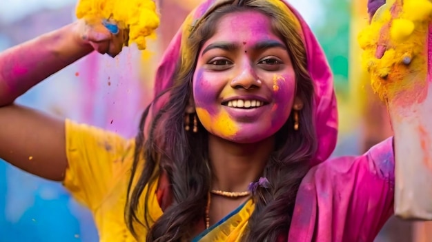 Portrait of happy indian girl in traditional hindu sari on holi colorHoli Festival Of Colours