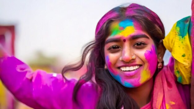 Portrait of happy indian girl in traditional hindu sari on holi colorHoli Festival Of Colours