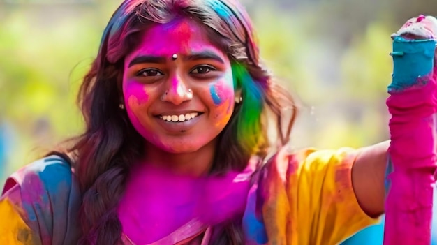 Portrait of happy indian girl in traditional hindu sari on holi colorHoli Festival Of Colours