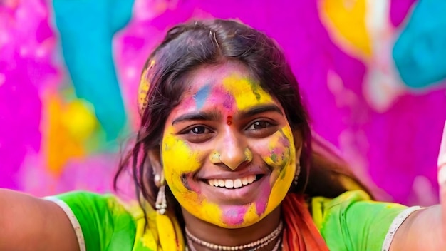 Portrait of happy indian girl in traditional hindu sari on holi colorHoli Festival Of Colours