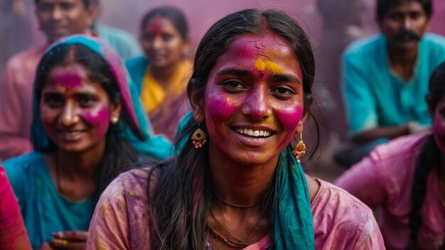 Portrait of happy indian girl in traditional hindu sari on holi colorHoli Festival Of Colours