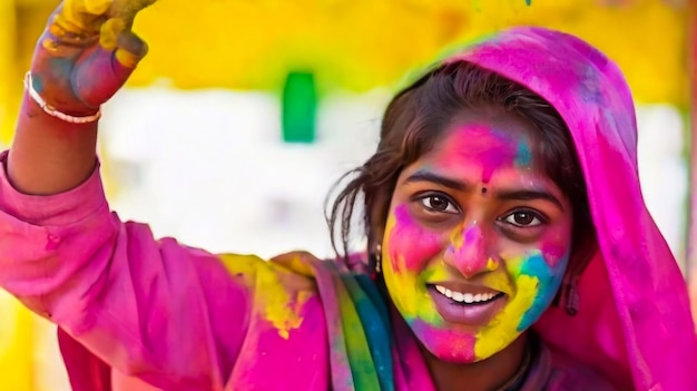 Portrait of happy indian girl in traditional hindu sari on holi colorHoli Festival Of Colours