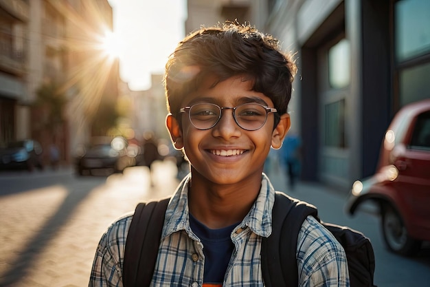 Photo portrait of a happy indian schoolboy teenager with glasses on the street of the city in the sunlight back to school correction of pupil eyesight ai generated