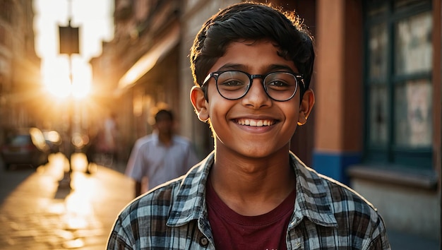 Photo portrait of a happy indian schoolboy teenager with glasses on the street of the city in the sunlight back to school correction of pupil eyesight ai generated