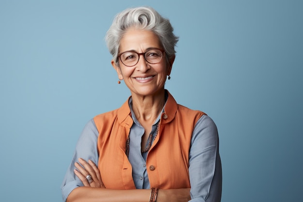 Portrait of happy Indian senior woman or lady looking at camera