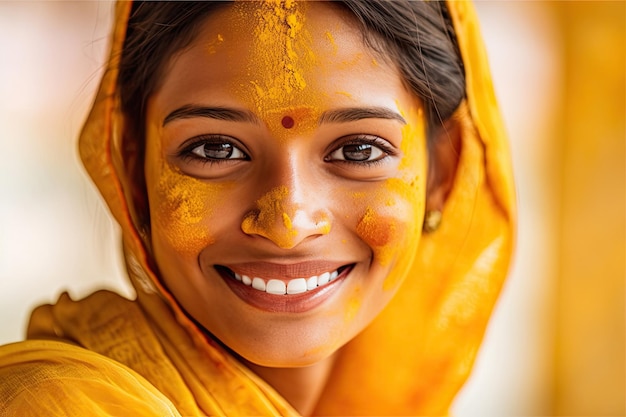 Portrait of a happy Indian with turmeric paste on face