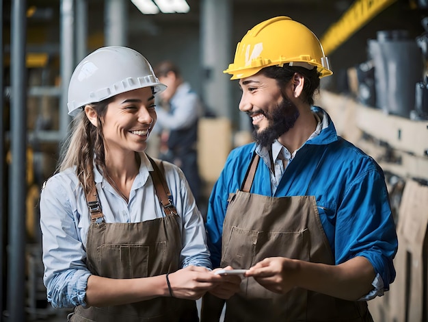 Portrait of happy industrial factory workers Professional worker in a helmet Labour day concept with people AI Generative