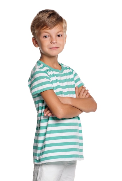 Portrait of happy little boy isolated on white background