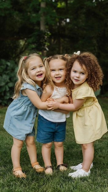 Photo portrait of happy little friends having fun at yard three cute little friends cuddling and play