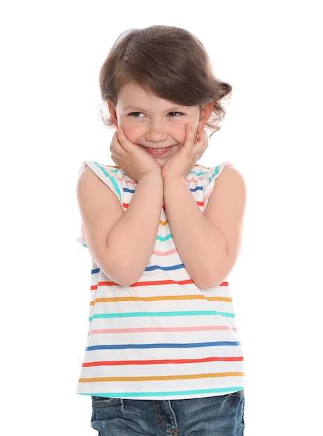 Portrait of happy little girl in casual outfit on white background