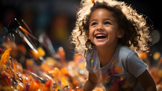 Portrait of a happy little girl with curly hair in autumn park