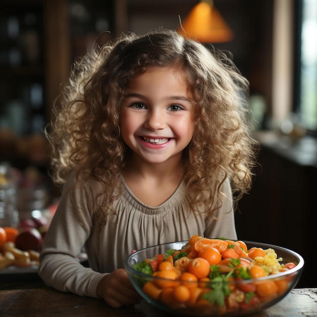 Portrait of a happy little girl with curly hair sitting at a table and holding a bowl of fruit salad