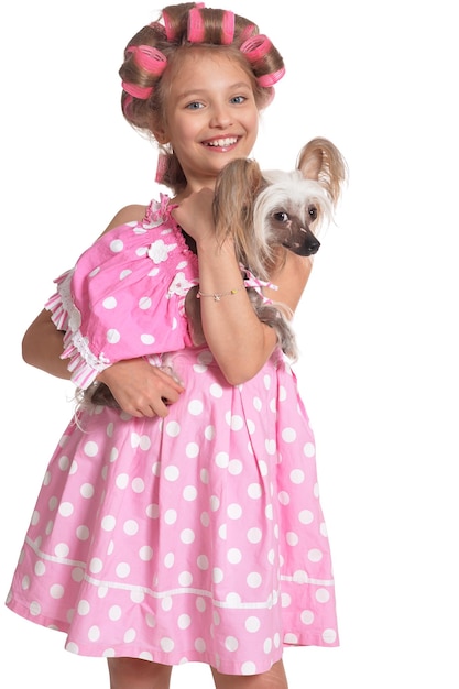 Portrait of happy little pretty girl on white background