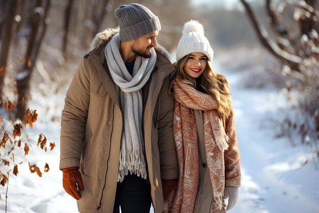 portrait of a happy loving couple in warm clothes outdoors in winter love and family relationships