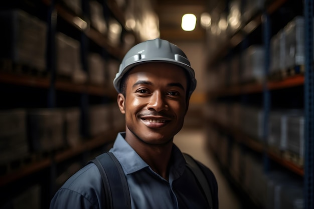 Portrait of a happy male employee at manufacturing industry with stacked of cardboard boxes Warehouse worker Storage background Generative ai