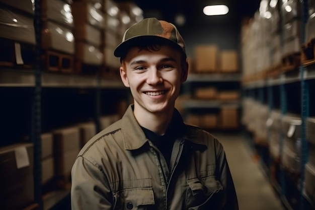 Portrait of a happy male employee at manufacturing industry with stacked of cardboard boxes Warehouse worker Storage background Generative ai