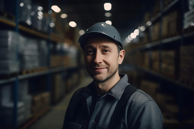 Portrait of a happy male employee at manufacturing industry with stacked of cardboard boxes Warehouse worker Storage background Generative ai