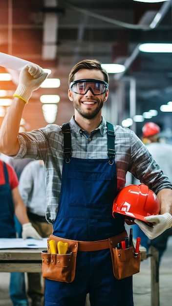 Portrait of happy male worker in casual clothes wearing protective eyewear gloves and having tool